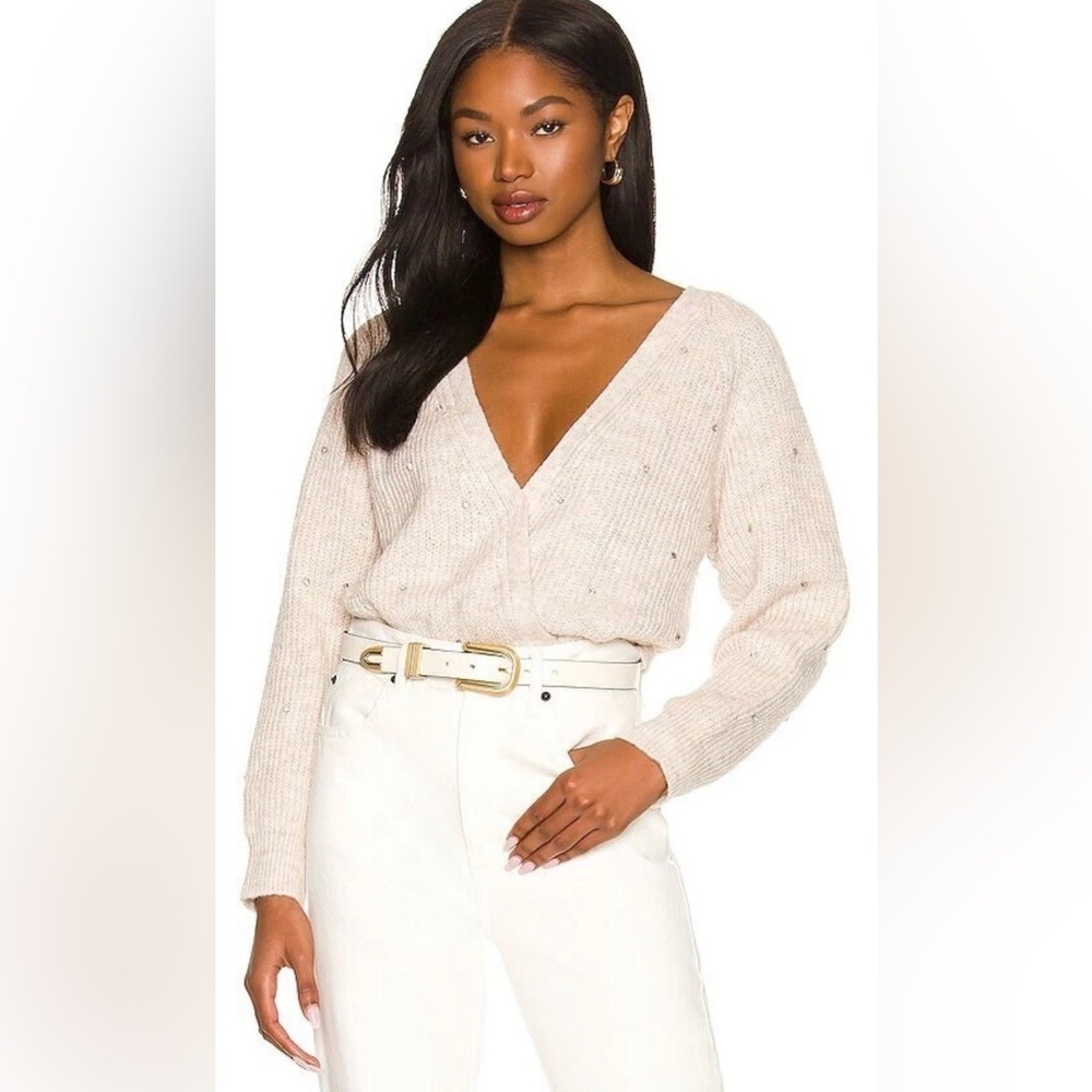 ASTR the Label Serena Sweater Oatmeal  Beige Rib Knit Embellished M NWOT $110